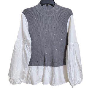 belldini sweater blouse size Large gray pearls embellished women sweater. NWT